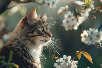 funny cat enjoying the begining of the blooming spring