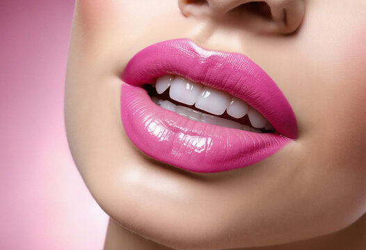 Pink sensual lips with moisturizing care balm cut out on transparent background colorful background