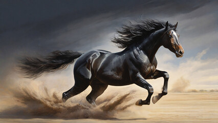 Obraz na płótnie Canvas Running black horse, flying dust, on the sand, daytime.