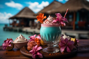 a vibrant tropical fruit cocktail set against the backdrop of a serene beach by the sea