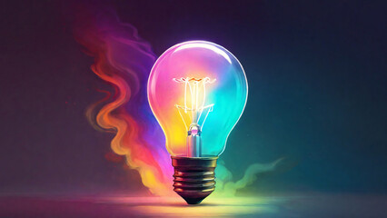 Glowing light bulb emit colorful light haze, Color sketch, Mystery, Magical, Critical Thinking. - obrazy, fototapety, plakaty