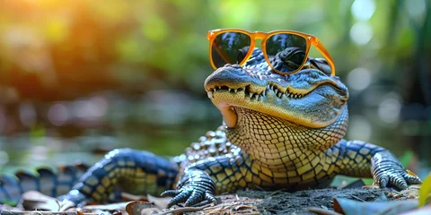 Zelfklevend Fotobehang Crocodile in sunglasses on the ground in the forest. © Henryz