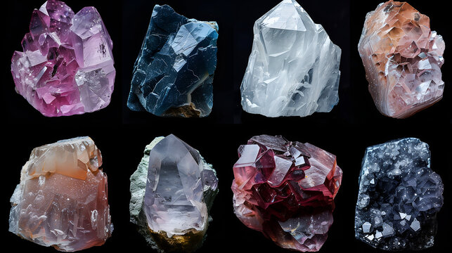 Collection of crystals of different colors on a dark background. Collection of various crystals of various colors.