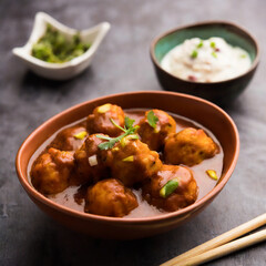 veg or chicken manchurian with gravy popular food of india served in a bowl with chopstick