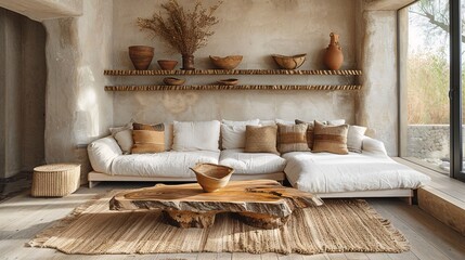 Boho modern living room, minimalist. Beige sofa, live edge coffee table.