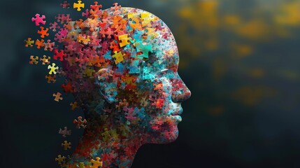 A adult male human head look at side view in the contemplation that has been created from the scattered and uncompleted colourful jigsaw puzzles by gather them in form of the male human head. AIGX03.