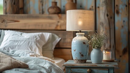 close-up of rustic lamp on bedside table, wood headboard, in a French country farmhouse bedroom.