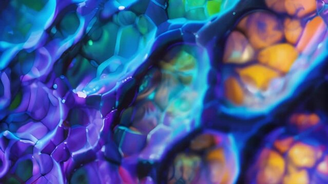 A closeup image of a tissue section under fluorescence microscopy with every cell highlighted in a different color creating a vibrant . AI generation.