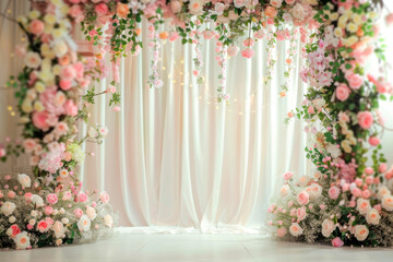 Fototapeta na wymiar Wedding ceremony background decoration with plant and bouquets flowers, empty scene for wedding in the garden, beautiful event in outdoor and open air.