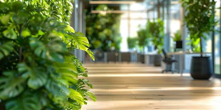 Green plants in an office space promoting sustainability productivity and employee wellbeing in a corporate environment. Concept Greenery in Corporate Spaces, Sustainable Office Design