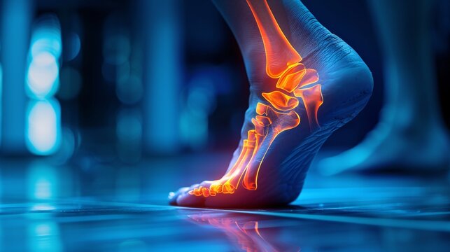 joint diseases, hallux valgus, plantar fasciitis, heel spur. Depicts a woman's leg in pain, emphasizing foot health issues