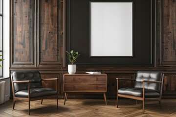 Office design Office interior armchair with a desk near paneling wall in Emotional Architecture. - obrazy, fototapety, plakaty
