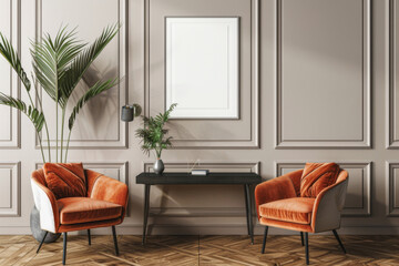 Office design Office interior armchair with a desk near paneling wall in Hybrid Spaces. - obrazy, fototapety, plakaty
