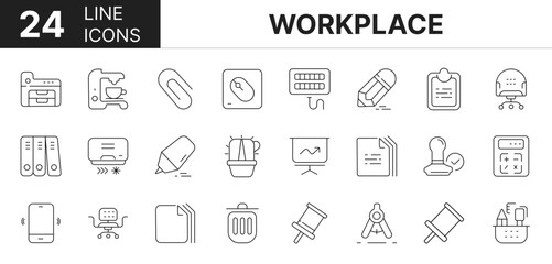 Collection of 24 workplace line icons featuring editable strokes. These outline icons depict various modes of workplace, business, management.