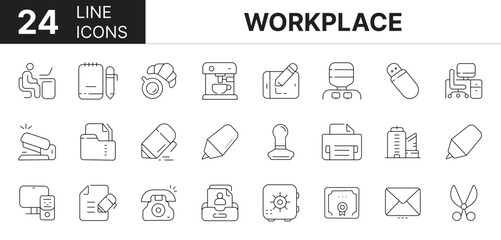 Collection of 24 workplace line icons featuring editable strokes. These outline icons depict various modes of workplace, business, management.