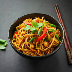 vegetarian schezwan noodles or vegetable hakka noodles or chow mein in black bowl at dark background. schezwan noodles is indo chinese cuisine hot dish with udon noodles, vegetables and chilli sauce