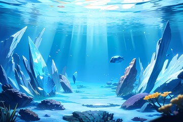 海底ダンジョン水中の水晶セーブポイントファンタジーゲーム背景 - obrazy, fototapety, plakaty