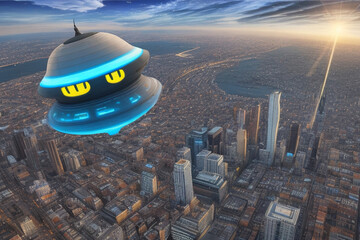 ufo flying over the city. Generative AI