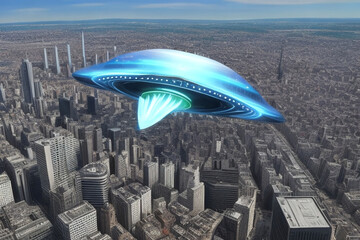 ufo flying over the city. Generative AI