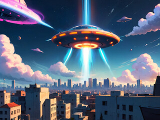 ufo flying over the city. Generative AI