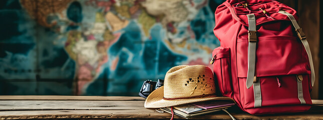 travel concept with map backpack map straw hat on wo 1b25f442-c74a-4289-b0e6-41589f781fd9 0