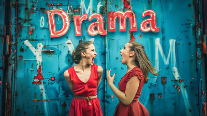two girls screaming in Drama concept image with at each other an Drama in background - obrazy, fototapety, plakaty