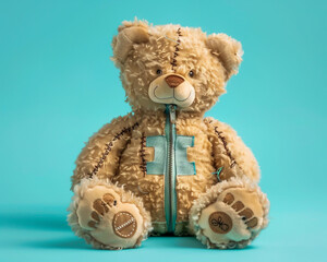 Teddy Bear with Zipper and Patches on Turquoise