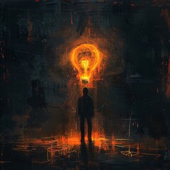 Hand drawn figure with a light bulb above, front view, soft glow, symbolizing a sudden inspiration  - obrazy, fototapety, plakaty