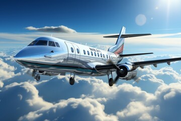 A passenger jet soaring high above a bustling cityscape against a backdrop of serene blue skies and fluffy clouds, while the radiant sunlight illuminates the scene.