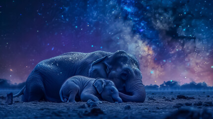 Under a canopy of stars, a mother elephant gently cradles her child, embodying the universal bond of love - obrazy, fototapety, plakaty