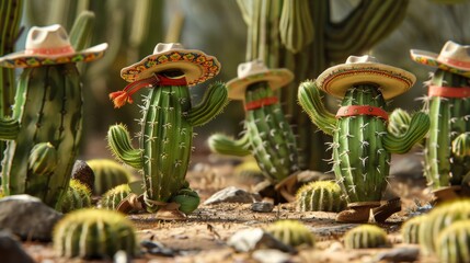 A group of cool cacti breakdancing with sombreros tilted sideways.Cinco de Mayo.