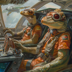 Fototapeta premium Fantasy flight deck with a crocodile captain and a parrot navigator, in a high-tech aircraft, clear skies ahead