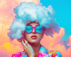 Chic woman and her cloud mask, vivid sky scene, pop art inspired, stylish and surreal