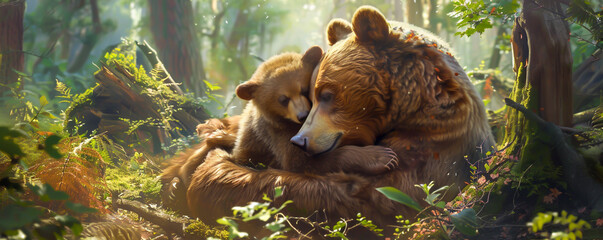 A mother bear embraces her cub in a lush forest, their bond a heartwarming testament to maternal love and protection - obrazy, fototapety, plakaty