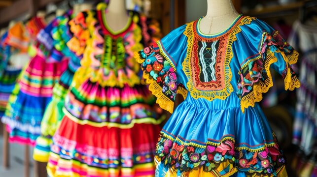Showcase a vibrant Mexican dance dress displayed on a mannequin or hung on a rack, ready to be worn