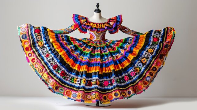 Showcase a vibrant Mexican dance dress displayed on a mannequin or hung on a rack, ready to be worn