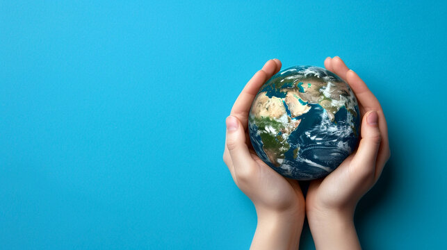 Top view of hands holding a globe over blue background with copy space. Love the earth and the environment concept. Generative AI