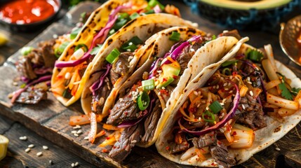 Korean BBQ Tacos: A creative fusion taco featuring bulgogi beef, kimchi, and pickled vegetables on soft corn tortillas. - 771272738