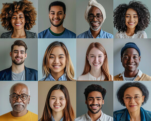 Collage of diverse multi-ethnic and mixed age people smiling to camera - obrazy, fototapety, plakaty