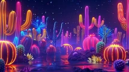 A nightclub-inspired poster with glowing cacti, neon lights, and vibrant maracas.Cinco de Mayo holiday - obrazy, fototapety, plakaty