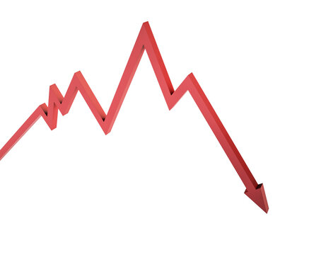 A red arrow trending downwards on a white background, signifying a decrease or loss