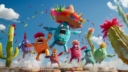 A group of excited cacti jumping to hit a pinata shaped like a sombrero.Cinco de Mayo
