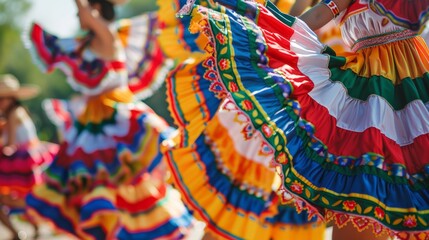 Show a group of dancers performing together in their Mexican dance dresses, conveying a sense of...