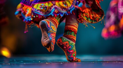 Focus on the dancer's footwear, showcasing brightly colored or embroidered shoes as they move across the stage. Cinco de Mayo holiday - 771272931