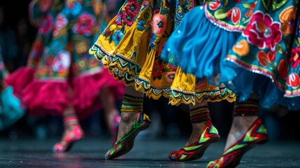 Focus on the dancer's footwear, showcasing brightly colored or embroidered shoes as they move across the stage 