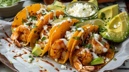 Shrimp Tacos: A delicious platter filled with shrimp tacos drizzled with lime crema, topped with avocado slices and a side of crumbled cheese.