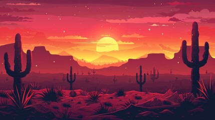 Sunset Celebration: A warm and inviting poster with cacti celebrating Cinco de Mayo under a beautiful Mexican sunset - obrazy, fototapety, plakaty