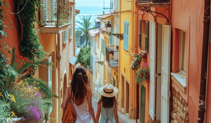 A sightseer mother and her child strolling down the narrow roads of Nice, France. Family travel idea.