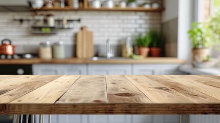 An empty beautiful wooden countertop and a blurred background of the interior of a modern kitchen. Product layout, product demonstration. Mockup. Elegant mockup presentation.