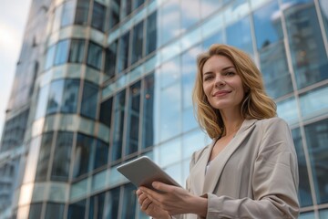Portrait of a successful business woman using digital tablet in front of modern business building, Generative AI